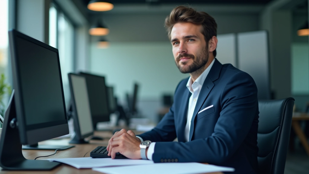 Finanzanalyst am Schreibtisch mit Laptops und Finanzdiagrammen in modernem Büro