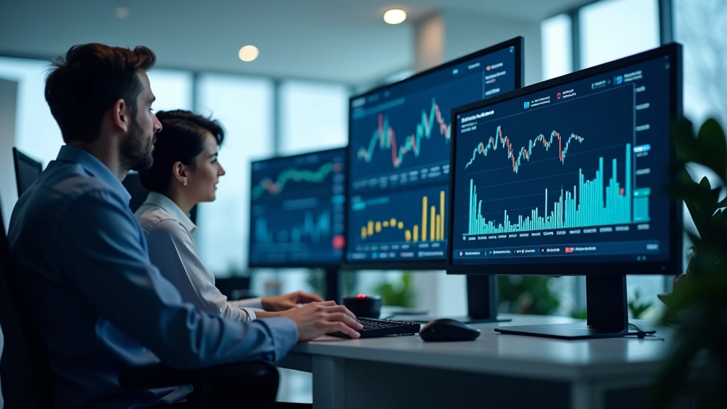 Modernes Finanzanalysebüro mit Diagrammen und Marktdaten auf Computerbildschirmen